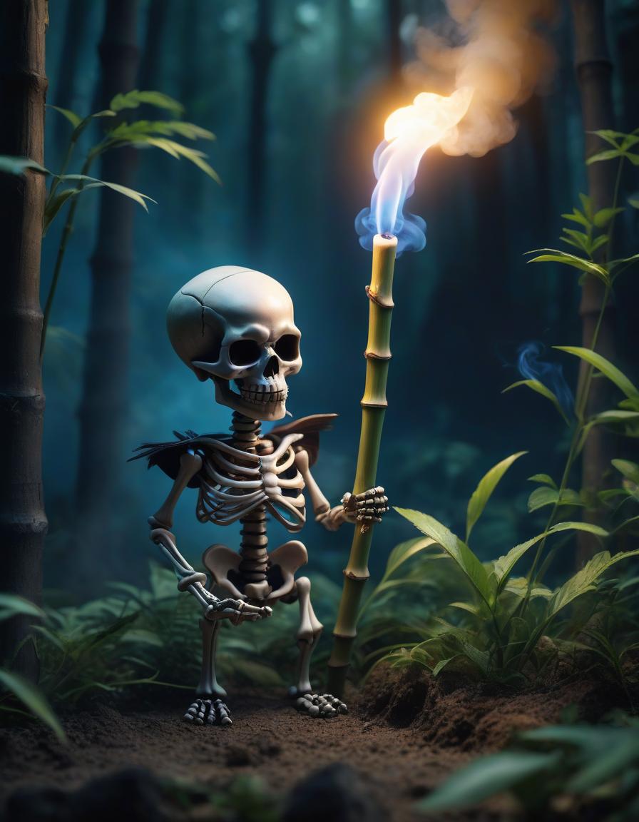  3D visualization, Unreal Engine, (chibi) skeleton smoking bamboo, holding bamboo in his teeth, glowing eye sockets with blue flames, blowing smoke from his nostrils, chibi style, hyperrealistic, full body, detailed clothing, highly detailed, cinematic lighting, stunningly beautiful, intricate, sharp focus, f/1. 8, 85mm, (centered image composition), (professionally color graded), ((bright soft diffused light)), volumetric fog, trending on instagram, trending on tumblr, HDR 4K, 8K