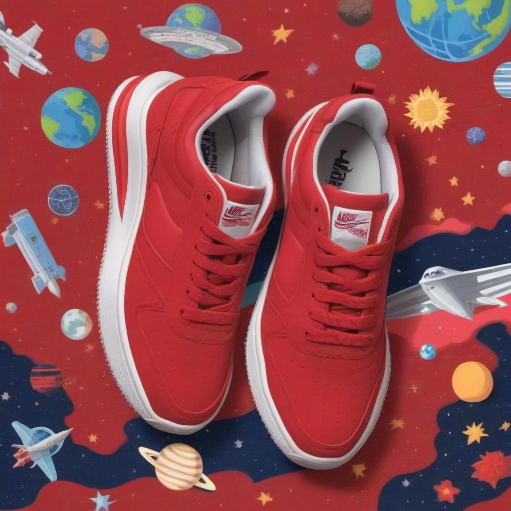  Red female sneakers fly in space, comic art, high detail