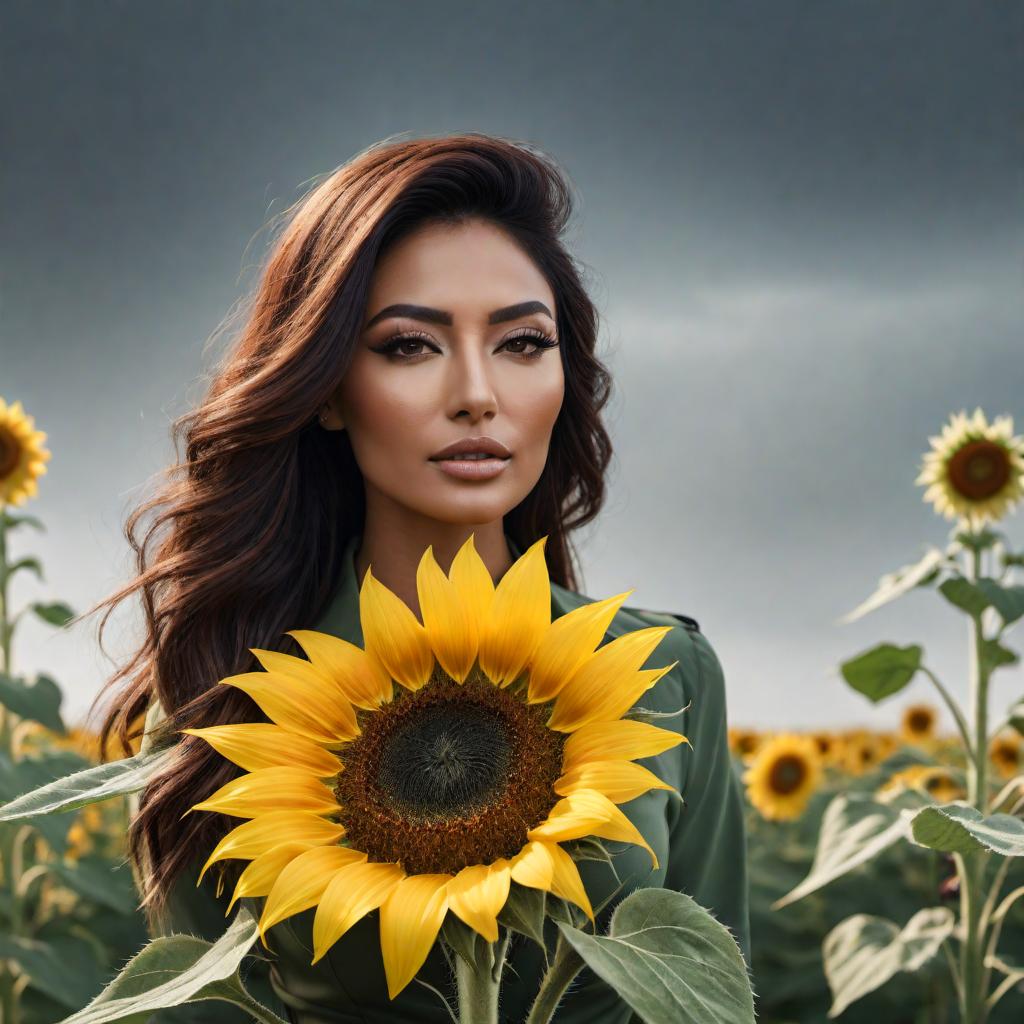  A stylish representation of a sunflower with the name 'Berlinda Gomez' incorporated into the design as seen in the provided image. hyperrealistic, full body, detailed clothing, highly detailed, cinematic lighting, stunningly beautiful, intricate, sharp focus, f/1. 8, 85mm, (centered image composition), (professionally color graded), ((bright soft diffused light)), volumetric fog, trending on instagram, trending on tumblr, HDR 4K, 8K