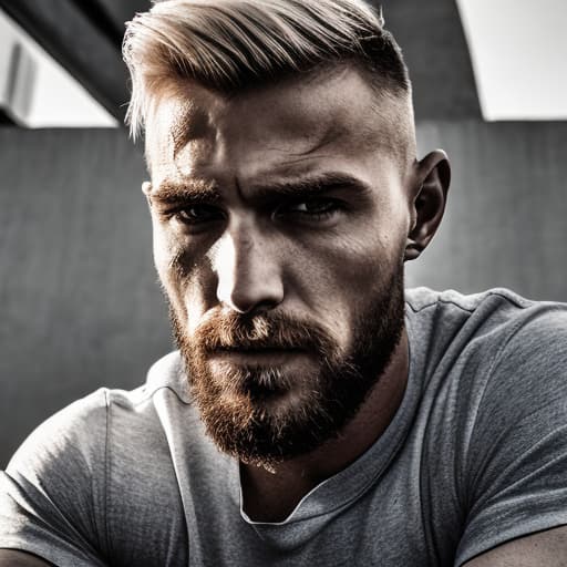 portrait+ style Russian queer fitness model blonde hunk dilf dude face