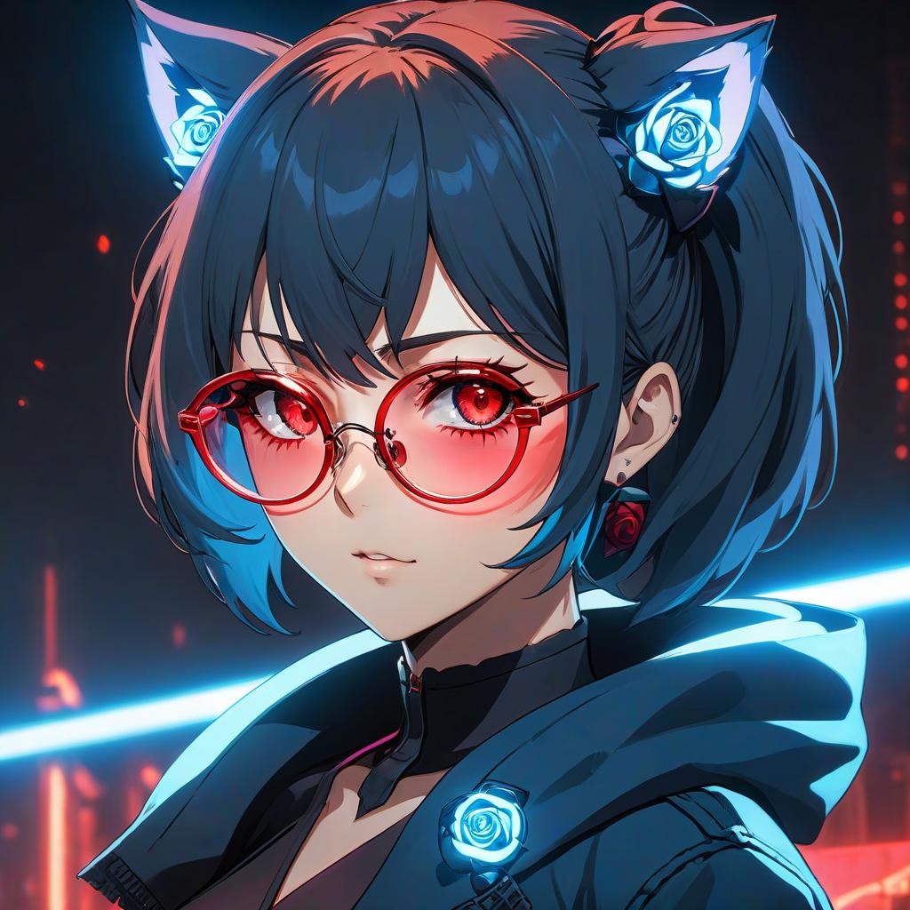  a close up of a person with glasses on, metal ears and glowing eyes, anime epic artwork, neon blue color, ar 16:9, emitting evil red aura, like matrix, woman with rose tinted glasses, blade and soul, planetes, rage, e girl, radiating power, electric power, blue background, cyber glasses, dark, energy hyperrealistic, full body, detailed clothing, highly detailed, cinematic lighting, stunningly beautiful, intricate, sharp focus, f/1. 8, 85mm, (centered image composition), (professionally color graded), ((bright soft diffused light)), volumetric fog, trending on instagram, trending on tumblr, HDR 4K, 8K