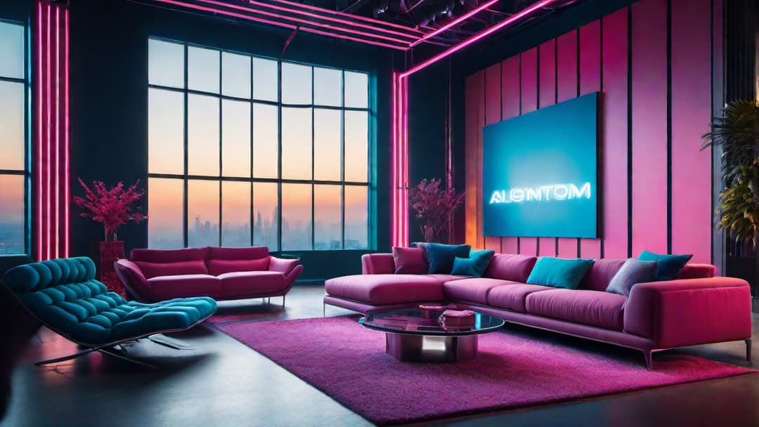  Create an image of a living room filled with neon lights, geometric patterns, and futuristic furniture reminiscent of 80's home interior design. Include vibrant neon colors like hot pink, electric blue, and neon green. Don't forget to add retro elements such as mirrored surfaces, chrome accents, and angular shapes. additional guidelines  hyperrealistic, full body, detailed clothing, highly detailed, cinematic lighting, stunningly beautiful, intricate, sharp focus, f/1. 8, 85mm, (centered image composition), (professionally color graded), ((bright soft diffused light)), volumetric fog, trending on instagram, trending on tumblr, HDR 4K, 8K