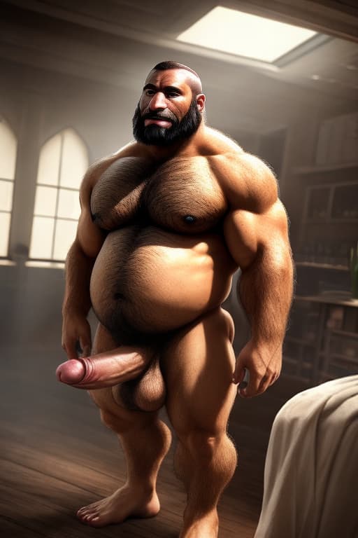  Naked, man, iperealistic immagine, hunk, bulky, hairy, short beard, penis, big fat cock, skinhead, mature, big black cock, realistic, rude, natural body, bulky body, hairy, hairy body, rugby body,erection cock, man over 30, shirtless, legs, feet, stand up, full body, realistic cock, hairy cock, belly, arabic hyperrealistic, full body, detailed clothing, highly detailed, cinematic lighting, stunningly beautiful, intricate, sharp focus, f/1. 8, 85mm, (centered image composition), (professionally color graded), ((bright soft diffused light)), volumetric fog, trending on instagram, trending on tumblr, HDR 4K, 8K
