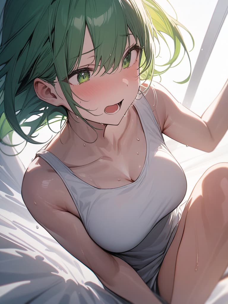  Green hair short hair girls sweaty white tank top, being pushed down by white sheets, the white tank top is transparent and the skin looks transparent, shouting., masterpiece, best quality,8k,ultra detailed,high resolution,an extremely delicate and beautiful,hyper detail