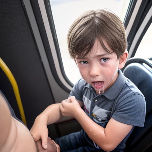  a very sweaty very young boy, caught on a public bus, is discovered by the viewer. The young 's face is rendered in exquisite detail, a look of and arousal as he realizes he's been caught the boy on the bus seat lets out a stream of warm, viscous liquid shooting out from his huge engorged erect tip coating his and splattering onto the floor of the bus, the pinnacle of his is his sweaty features, high-angle shot, dramatic angle, extreme angle shot, photo-realistic, volumetric fog, 85mm lens, HDR, cinematic