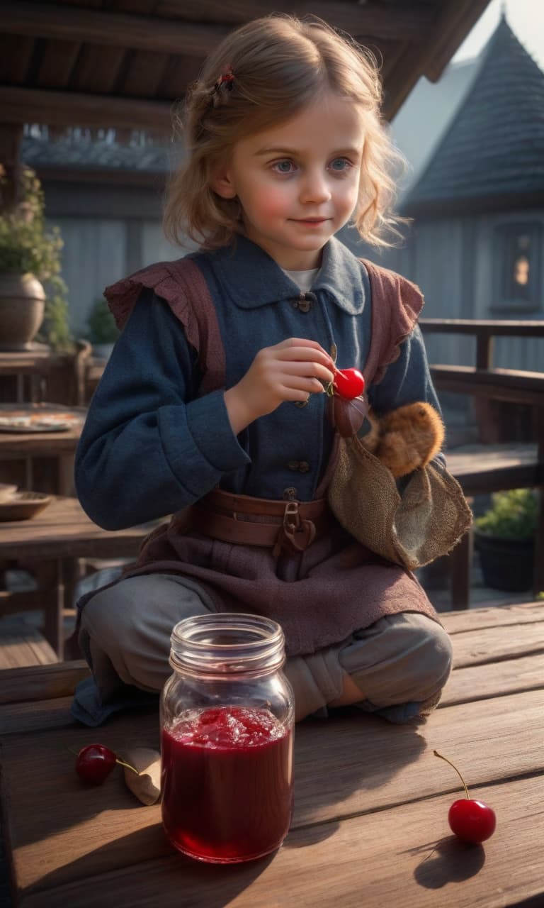  A cheerful Little girl sits at a table and eats cherry jam from a large jar, lives on the roof, based on a story by Swedish writer Astrid Lindgren hyperrealistic, full body, detailed clothing, highly detailed, cinematic lighting, stunningly beautiful, intricate, sharp focus, f/1. 8, 85mm, (centered image composition), (professionally color graded), ((bright soft diffused light)), volumetric fog, trending on instagram, trending on tumblr, HDR 4K, 8K