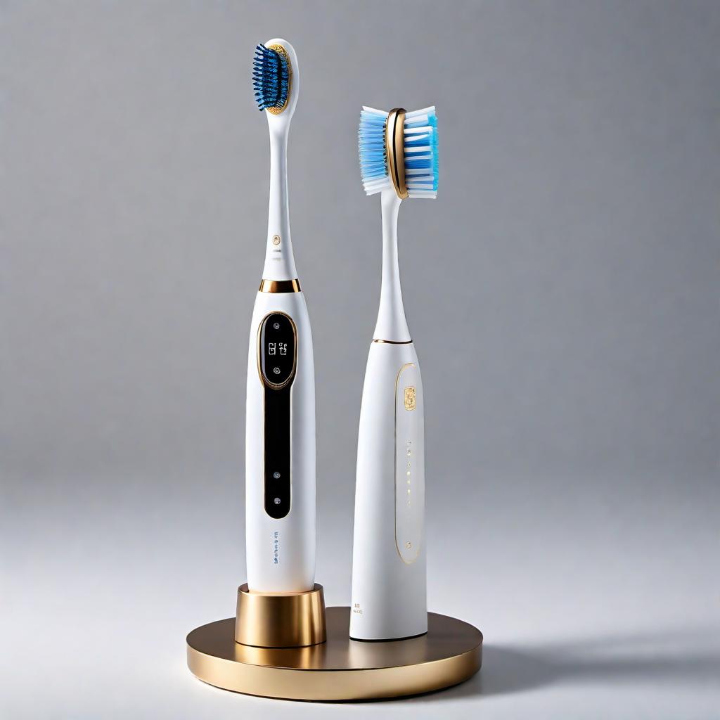  A toothbrush that looks like it could be worth $1000. The toothbrush should be extremely luxurious, with features like gold or diamond accents, high-quality materials, and an ultra-modern design. It could have advanced electronic features, perhaps a built-in smart display, multiple brushing modes, and wireless charging capability. The overall appearance should be extravagant and sophisticated. hyperrealistic, full body, detailed clothing, highly detailed, cinematic lighting, stunningly beautiful, intricate, sharp focus, f/1. 8, 85mm, (centered image composition), (professionally color graded), ((bright soft diffused light)), volumetric fog, trending on instagram, trending on tumblr, HDR 4K, 8K