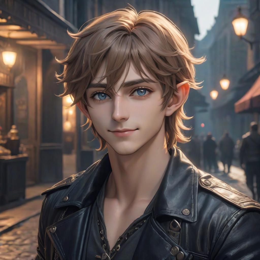  The guy is an elf with light brown hair. The hair is short, slightly curly. The eyes are a bright deep dark blue color. The face is round. He's smiling. His eyes are slyly narrowed. He is confident in himself. He's wearing a black leather jacket. He is a mercenary, a rogue and an adept of Darkness hyperrealistic, full body, detailed clothing, highly detailed, cinematic lighting, stunningly beautiful, intricate, sharp focus, f/1. 8, 85mm, (centered image composition), (professionally color graded), ((bright soft diffused light)), volumetric fog, trending on instagram, trending on tumblr, HDR 4K, 8K