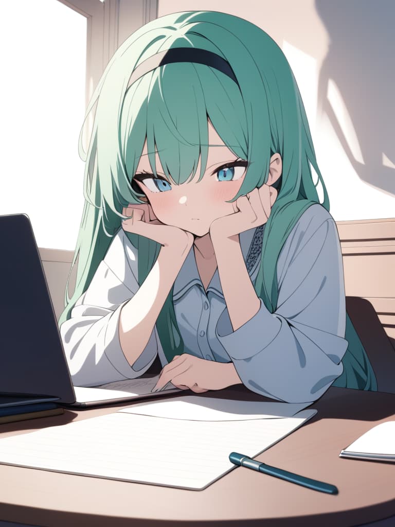  ((gles,eye wear,studying,hairband)),worried expression,exam candidate,green hair,blue eyes,chin resting on hand,pajamas,cute,beautiful girl,beautiful,desk,studying at desk,((studying,studying,high quality,notebook,holding writing utensil,right handed))、ultra detailed,best shadow,cute and beautiful face,(masterpiece:1.2),(best quality:1.2),detailed background,high contrast,(best illumination,an extremely delicate and beautiful),((cinematic light)),hyper detail,dramatic light,intricate details,8k,anime,very aesthetic, masterpiece, best quality,8k,ultra detailed,high resolution,an extremely delicate and beautiful,hyper detail