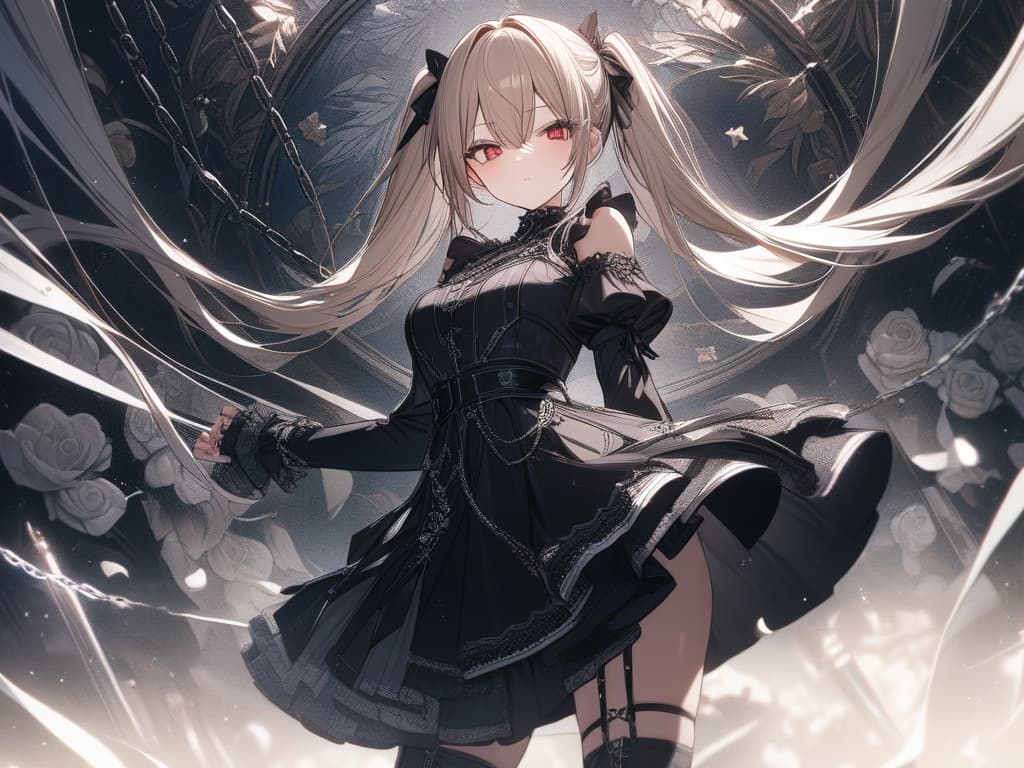  Hair colored beige, red eyes, twin tails, white frills gothic fashion, background white, star, chain, many white roses, physical education sitting, masterpiece, best quality,8k,ultra detailed,high resolution,an extremely delicate and beautiful,hyper detail