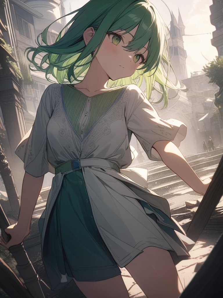  Green hair character in the center of the world, masterpiece, best quality,8k,ultra detailed,high resolution,an extremely delicate and beautiful,hyper detail