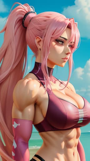  Anime wearing a pink with her upper part of the is kinda ripped which causes to show her big and HARD s, masterpieces, top quality, best quality, official art, beautiful and aesthetic, realistic, 4K, 8K