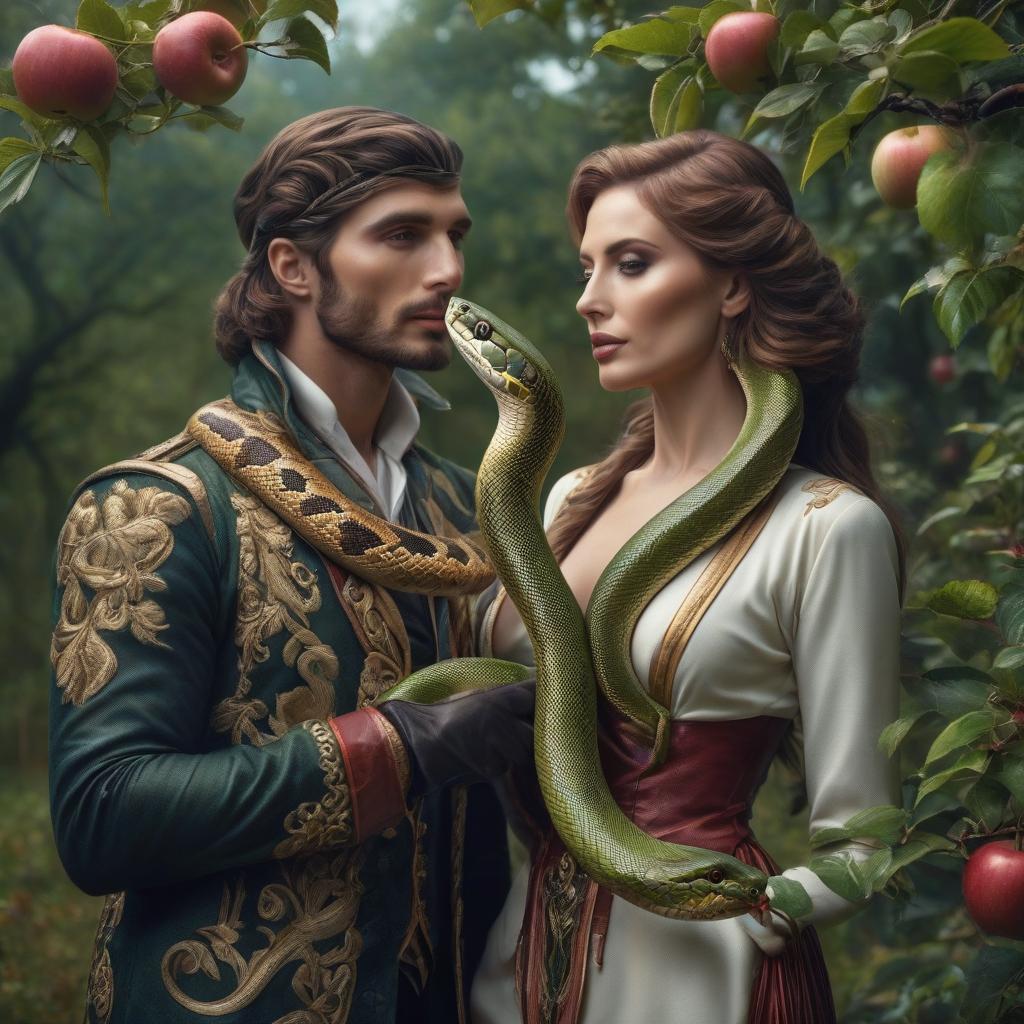  Lovers with a Snake under an Apple Tree hyperrealistic, full body, detailed clothing, highly detailed, cinematic lighting, stunningly beautiful, intricate, sharp focus, f/1. 8, 85mm, (centered image composition), (professionally color graded), ((bright soft diffused light)), volumetric fog, trending on instagram, trending on tumblr, HDR 4K, 8K