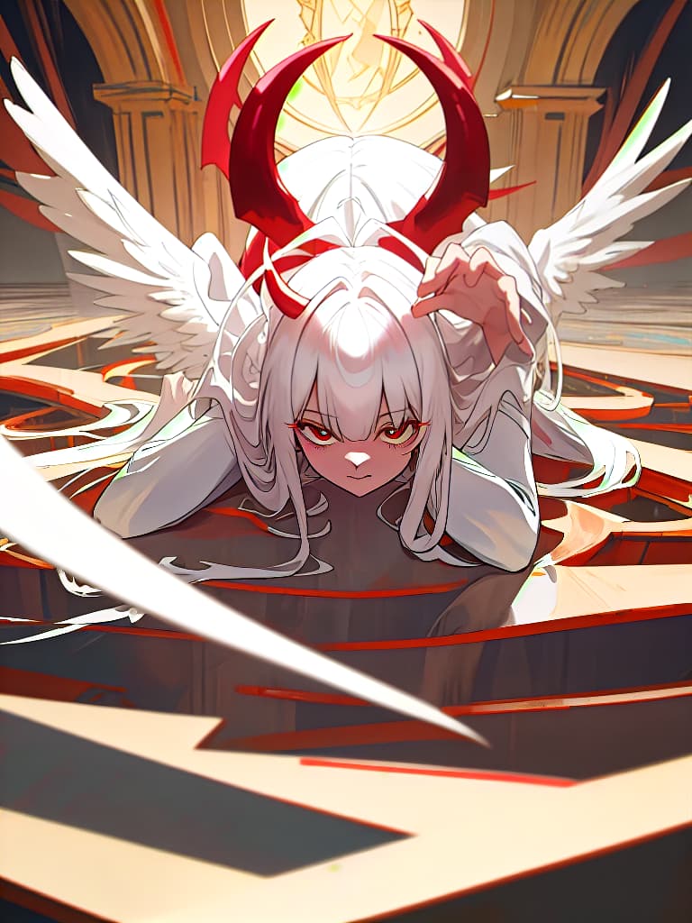  The devil crouching sideways, an angel who reaches out there, masterpiece, best quality,8k,ultra detailed,high resolution,an extremely delicate and beautiful,hyper detail