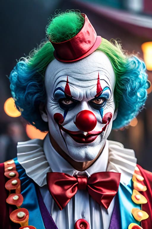  Evil clown, glasses, hyperrealistic, full body, detailed clothing, highly detailed, cinematic lighting, stunningly beautiful, intricate, sharp focus, f/1. 8, 85mm, (centered image composition), (professionally color graded), ((bright soft diffused light)), volumetric fog, trending on instagram, trending on tumblr, HDR 4K, 8K