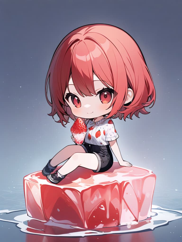  (( ice,sitting on ice,sitting on ice,strawberry flavored ice,)) Beautiful ,cute,young ,red hair,medium hair,strawberry patterned shirt,shorts,red eyes,pretty,smiling,cool、(absurdres,highres,superlative,texture,contrast,top quality),BREAK (solo,,kawaii,very cute face,(full body,chibi:1.5), masterpiece, best quality,8k,ultra detailed,high resolution,an extremely delicate and beautiful,hyper detail