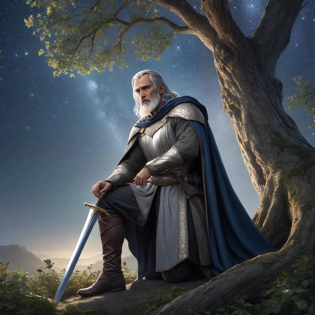  (masterpiece, photorealistic:1.2) A man draping himself over a tree with a sword between his legs Against a backdrop of starry sky Long gray hair Silver eyes Looks like King Arthur without a beard Chin forward [I fixed the punctuation to make the translation more comprehensible.] hyperrealistic, full body, detailed clothing, highly detailed, cinematic lighting, stunningly beautiful, intricate, sharp focus, f/1. 8, 85mm, (centered image composition), (professionally color graded), ((bright soft diffused light)), volumetric fog, trending on instagram, trending on tumblr, HDR 4K, 8K