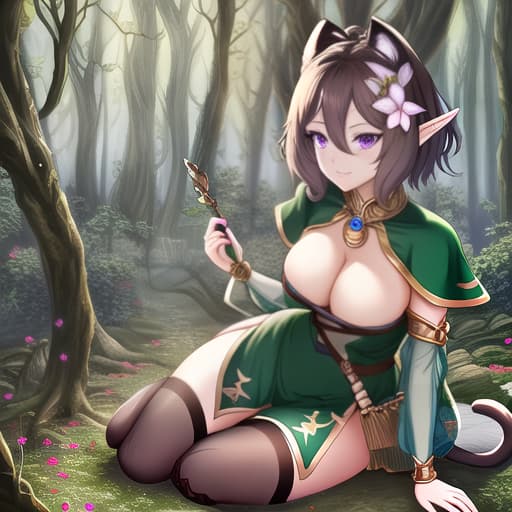  Cat girl, purple eyes, brown hair and elf costume, puff tail in a forest hyperrealistic, full body, detailed clothing, highly detailed, cinematic lighting, stunningly beautiful, intricate, sharp focus, f/1. 8, 85mm, (centered image composition), (professionally color graded), ((bright soft diffused light)), volumetric fog, trending on instagram, trending on tumblr, HDR 4K, 8K