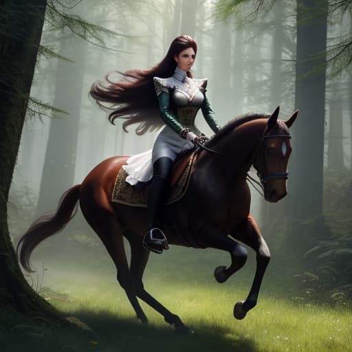  mdjrny-pprct nice girl riding on the horse in the middle of green forest hyperrealistic, full body, detailed clothing, highly detailed, cinematic lighting, stunningly beautiful, intricate, sharp focus, f/1. 8, 85mm, (centered image composition), (professionally color graded), ((bright soft diffused light)), volumetric fog, trending on instagram, trending on tumblr, HDR 4K, 8K