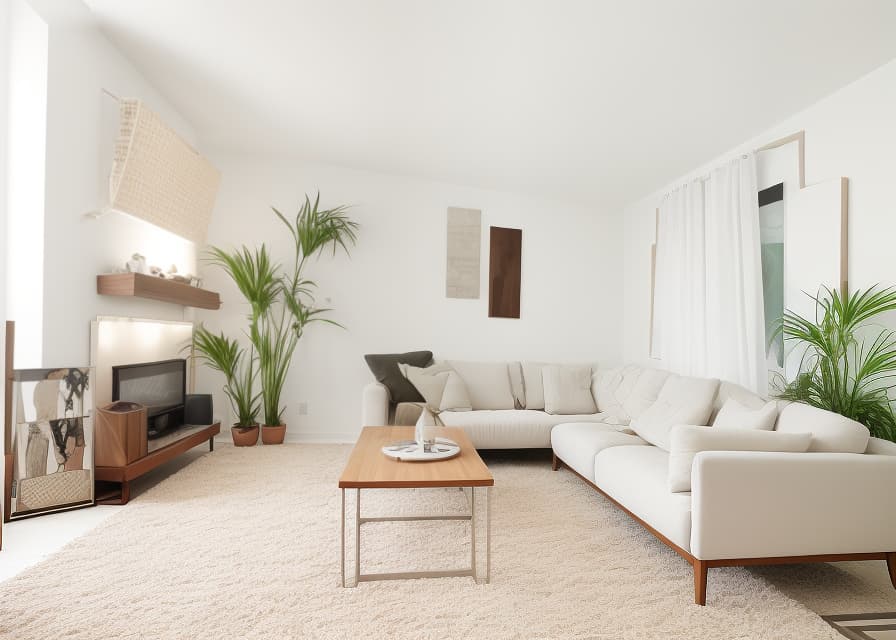  Living Room, Cozy, comfortable, family time, relaxation, entertainment, decor, furniture, lighting The room depicted in the image exhibits a minimalist and contemporary living room theme, emphasizing clean lines and neutral tones. Contemporary minimalist living room with a white sectional sofa, wooden accent chairs, geometric rug, and large leaf artwork. minimalist, contemporary, living room, white sectional sofa, wooden accent chairs, geometric rug, large leaf artwork earhty colors