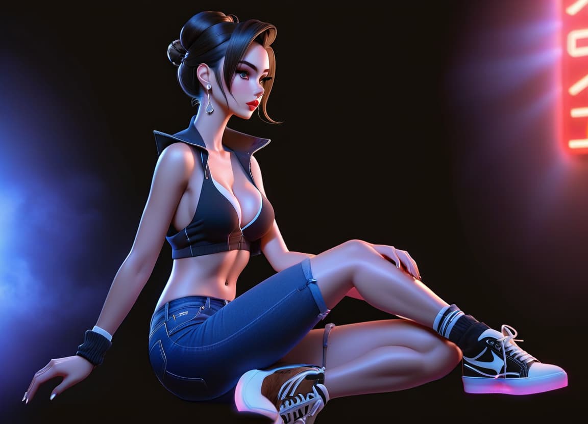  A girl is sitting, hair in a bun, dark hair, in denim shorts and white sneakers, profile view. hyperrealistic, full body, detailed clothing, highly detailed, cinematic lighting, stunningly beautiful, intricate, sharp focus, f/1. 8, 85mm, (centered image composition), (professionally color graded), ((bright soft diffused light)), volumetric fog, trending on instagram, trending on tumblr, HDR 4K, 8K