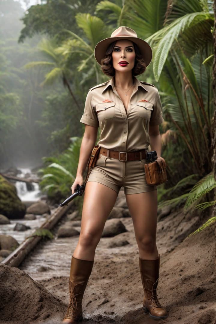  Screaming and crying A 1930’s era female jungle explorer,Velma. ,wearing khaki shorts and khaki shirts with khaki knee socks, steps into shoulder deep mud hyperrealistic, full body, detailed clothing, highly detailed, cinematic lighting, stunningly beautiful, intricate, sharp focus, f/1. 8, 85mm, (centered image composition), (professionally color graded), ((bright soft diffused light)), volumetric fog, trending on instagram, trending on tumblr, HDR 4K, 8K