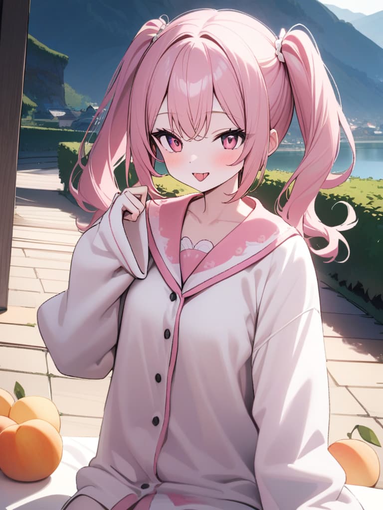  Cute, , pink hair, twin tails, pink eyes, big s, peaches, fruits, white skin, smiles, valley, thin body, fluffy hair, , , roomwear, , wink, tongue, tongue. broth, masterpiece, best quality,8k,ultra detailed,high resolution,an extremely delicate and beautiful,hyper detail