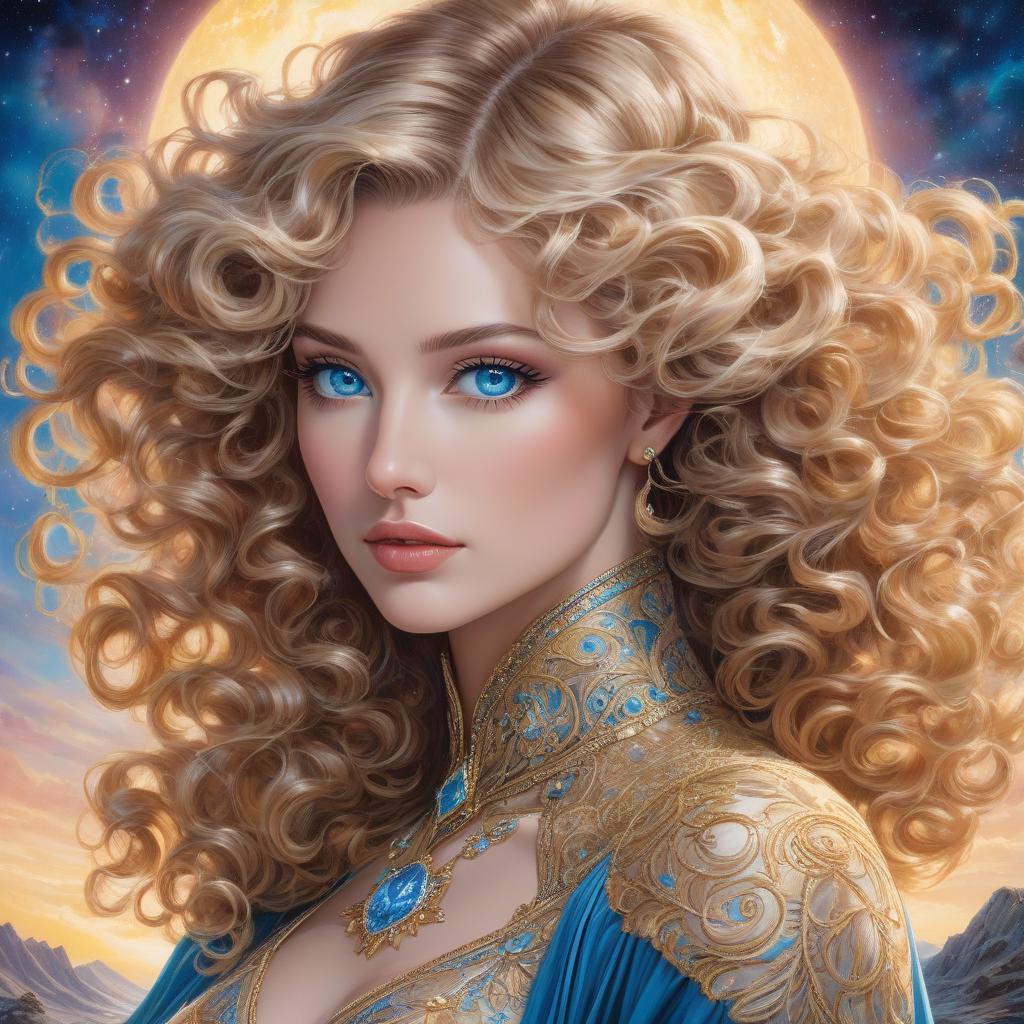  surrealist art A digital portrait of a woman with curly blond hair, blue eyes, and a celestial background. Create a vintage Aquarell im Stil von Josephine Wall, Tomasz Allen Kopera, Dariusz Zawadzki, Andreja Peklar, Ivan Shiskine ,a fantasy style portrait of a young woman with long, wavy ash blond hair, featuring subtle brown highlights. Her complexion is fair with a warm undertone. She has large, round, hazel eyes with visible eyelashes and well groomed, arched eyebrows. Her lips are full with a slight peach tint, accompanying a small, straight nose and a softly contoured face with prominent cheekbones, gently flushed cheeks, and a delicate chin. Modifiers: . dreamlike, mysterious, provocative, symbolic, intricate, detailed hyperrealistic, full body, detailed clothing, highly detailed, cinematic lighting, stunningly beautiful, intricate, sharp focus, f/1. 8, 85mm, (centered image composition), (professionally color graded), ((bright soft diffused light)), volumetric fog, trending on instagram, trending on tumblr, HDR 4K, 8K