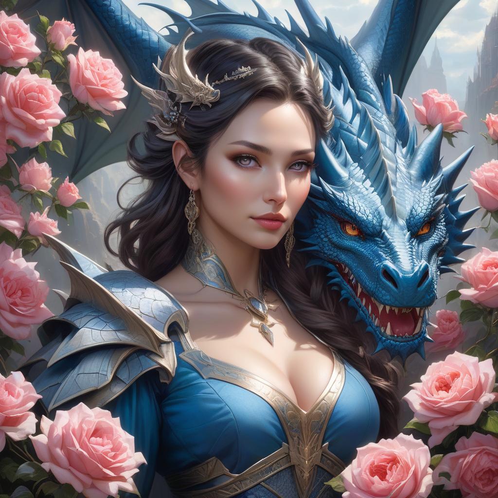  hyperrealistic art A woman with a serene expression is pictured alongside a blue dragon amidst a backdrop of roses in a fantasy style artwork a painting of a woman with a dragon on her shoulder, the dragon girl portrait, beautiful fantasy art portrait, fantasy art portrait, fantasy portrait art, detailed matte fantasy portrait, beautiful fantasy portrait, amazing fantasy art, detailed fantasy art, fantasy portrait, epic fantasy art portrait, fantasy genre portrait, dragon girl, fantasy art, heather theurer, dragon portrait, beautiful fantasy art . extremely high resolution details, photographic, realism pushed to extreme, fine texture, incredibly lifelike hyperrealistic, full body, detailed clothing, highly detailed, cinematic lighting, stunningly beautiful, intricate, sharp focus, f/1. 8, 85mm, (centered image composition), (professionally color graded), ((bright soft diffused light)), volumetric fog, trending on instagram, trending on tumblr, HDR 4K, 8K