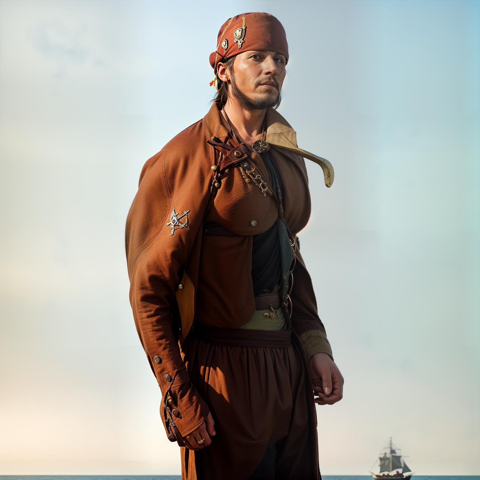  Image of a pirate. Pirate themed elements such as an eye patch, a tricorn hat, a parrot on the shoulder, a pirate coat, and a background featuring a pirate ship or a treasure island. A big sea on the background. The final image should be vibrant, very detailed