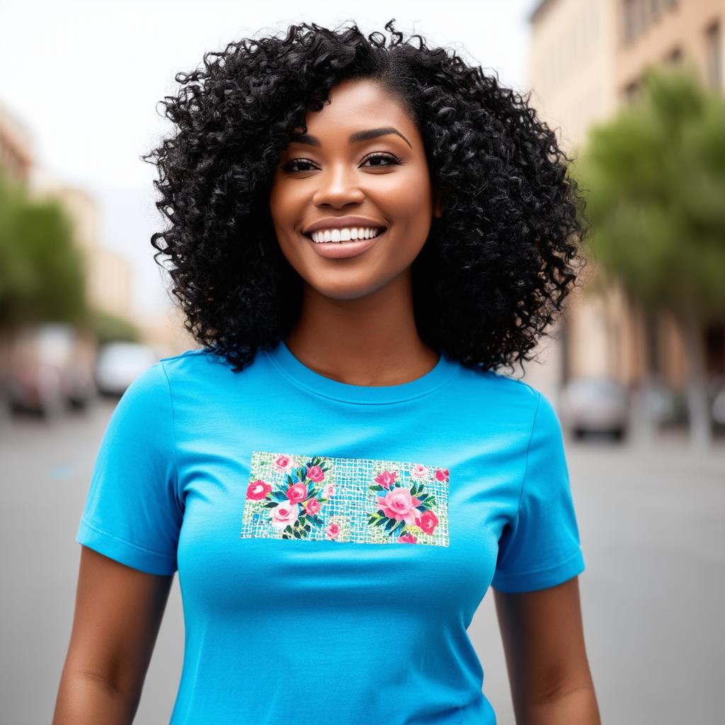  half body portrait black curly happy woman wearing blue t shirt with squared floral pattern on t shirt, Blurred city Background