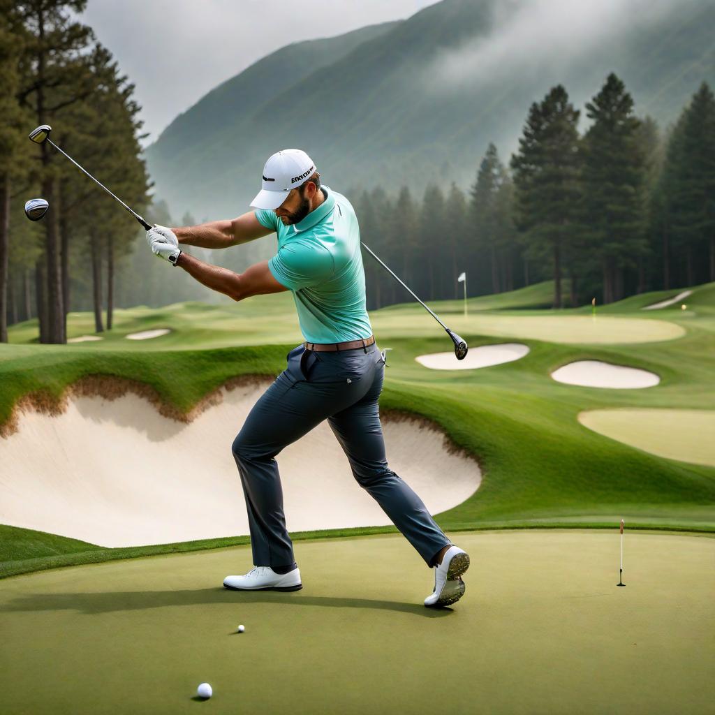  A visual representation of a golf scene with a focus on consistency and precision. The image should include a golfer in action on the green, showcasing a perfect swing with the caption 'Consistent Swing' and relevant hashtags like #GolfGoals, #GreenPrecision, #TeeUpForSuccess, #DrivingRangeRoutines, #MasteringTheGame. hyperrealistic, full body, detailed clothing, highly detailed, cinematic lighting, stunningly beautiful, intricate, sharp focus, f/1. 8, 85mm, (centered image composition), (professionally color graded), ((bright soft diffused light)), volumetric fog, trending on instagram, trending on tumblr, HDR 4K, 8K