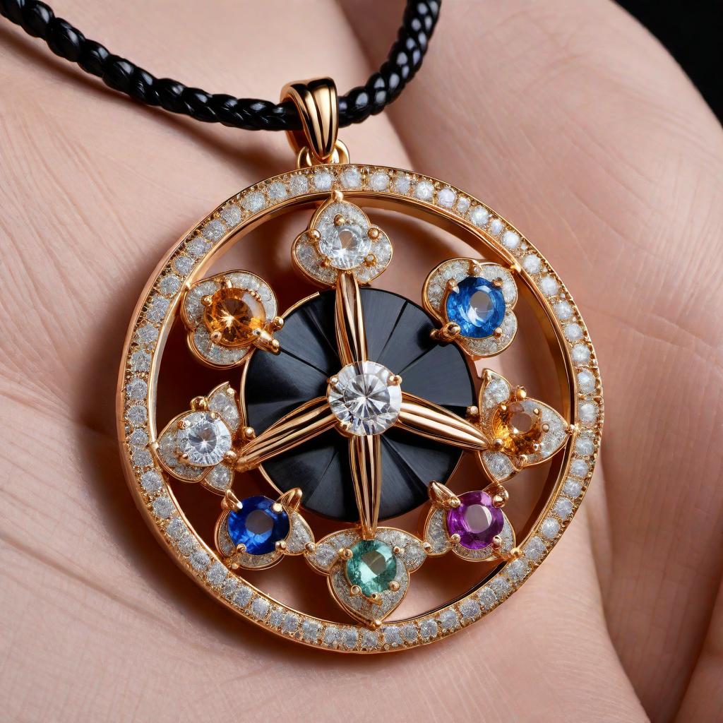  A peace symbol pendant designed with flower-shaped stone settings. The pendant features a combination of round cut, trillion cut, and marquise cut gemstones. The stones are strategically placed to form flower patterns around the peace symbol. The overall appearance is elegant and harmonious, with the different cuts of the stones enhancing the design. hyperrealistic, full body, detailed clothing, highly detailed, cinematic lighting, stunningly beautiful, intricate, sharp focus, f/1. 8, 85mm, (centered image composition), (professionally color graded), ((bright soft diffused light)), volumetric fog, trending on instagram, trending on tumblr, HDR 4K, 8K