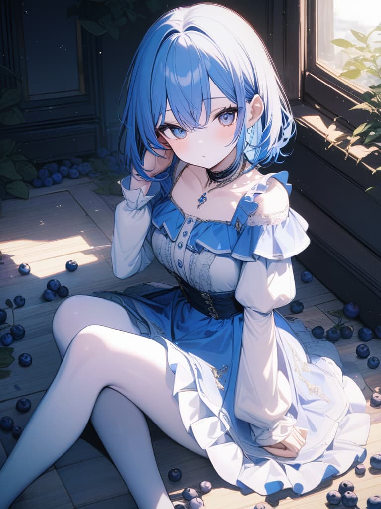  Cute, girl, big eyes, white skin, frill dress, blue hair color, blue eyes, short bob, blueberry, blueberry, masterpiece, best quality,8k,ultra detailed,high resolution,an extremely delicate and beautiful,hyper detail