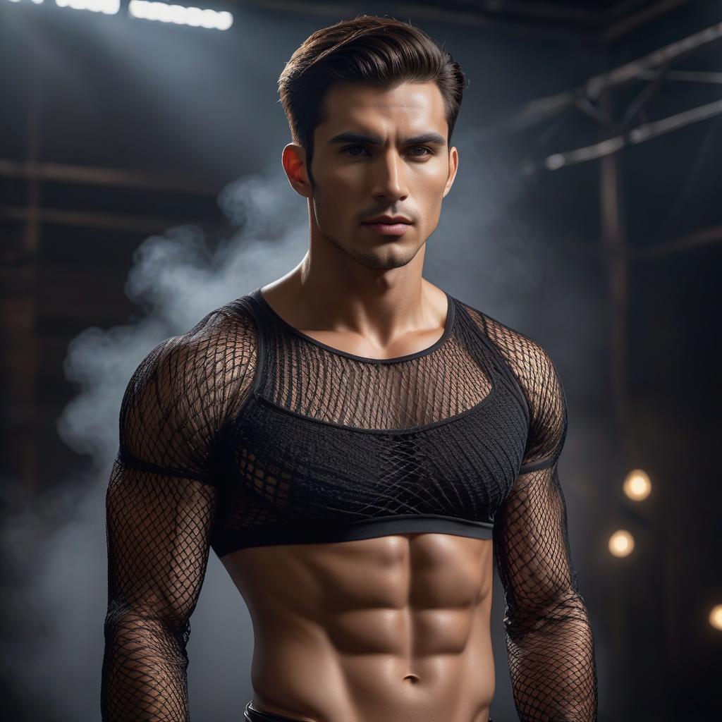  Young man, brunet, thin, wearing a net top and strings. hyperrealistic, full body, detailed clothing, highly detailed, cinematic lighting, stunningly beautiful, intricate, sharp focus, f/1. 8, 85mm, (centered image composition), (professionally color graded), ((bright soft diffused light)), volumetric fog, trending on instagram, trending on tumblr, HDR 4K, 8K