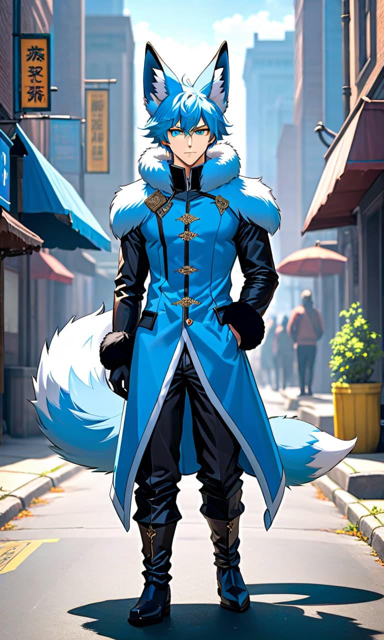  anime artwork A man wearing furry clothes with blue fox ears and fur, and a sky blue colored body with a tail stands on the street in an RPG outfit. . anime style, key visual, vibrant, studio anime, highly detailed hyperrealistic, full body, detailed clothing, highly detailed, cinematic lighting, stunningly beautiful, intricate, sharp focus, f/1. 8, 85mm, (centered image composition), (professionally color graded), ((bright soft diffused light)), volumetric fog, trending on instagram, trending on tumblr, HDR 4K, 8K