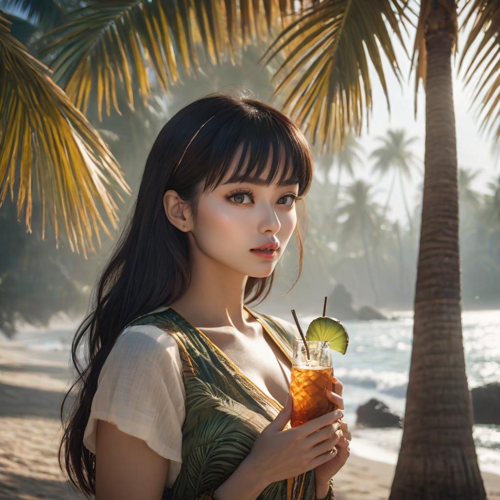  a woman stands next to a palm tree and drinks a coconut hyperrealistic, full body, detailed clothing, highly detailed, cinematic lighting, stunningly beautiful, intricate, sharp focus, f/1. 8, 85mm, (centered image composition), (professionally color graded), ((bright soft diffused light)), volumetric fog, trending on instagram, trending on tumblr, HDR 4K, 8K