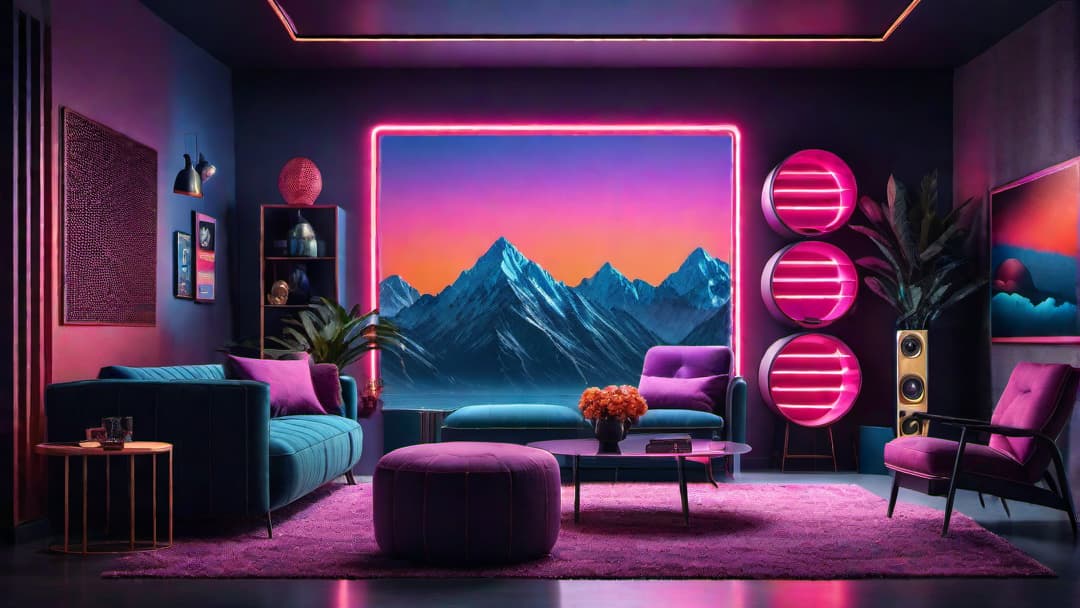  Neon lights and signs illuminating a modern living room with an 80's retro aesthetic, featuring a combination of vibrant colors like pink, blue, and purple. Stylish furniture with clean lines and bold geometric patterns. Deco elements such as vinyl records, arcade machines, and posters of 80's pop culture. Warm ambient lighting adding a cozy glow. ar 16:9 vintage feel high contrast hyperrealistic, full body, detailed clothing, highly detailed, cinematic lighting, stunningly beautiful, intricate, sharp focus, f/1. 8, 85mm, (centered image composition), (professionally color graded), ((bright soft diffused light)), volumetric fog, trending on instagram, trending on tumblr, HDR 4K, 8K