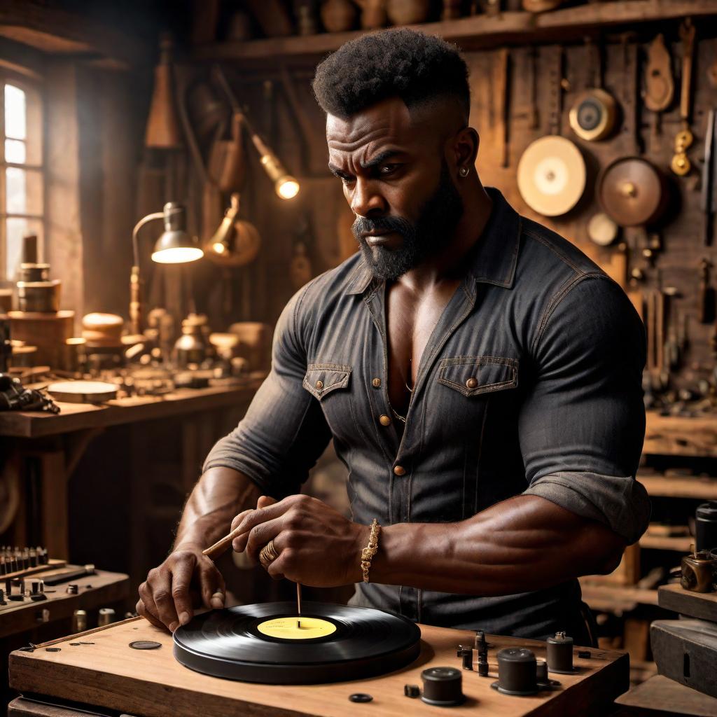  A dark-skinned dwarf physically making a record with his bare hands. The dwarf is focused and strong, showing determination and skill in crafting the record. The setting is a cozy, rustic workshop with warm, earthy tones. His muscular arms and hands are carefully shaping the vinyl, highlighting his craftsmanship and dedication to the art of music. The lighting is dim, with a golden glow that accentuates the intensity of his work. hyperrealistic, full body, detailed clothing, highly detailed, cinematic lighting, stunningly beautiful, intricate, sharp focus, f/1. 8, 85mm, (centered image composition), (professionally color graded), ((bright soft diffused light)), volumetric fog, trending on instagram, trending on tumblr, HDR 4K, 8K