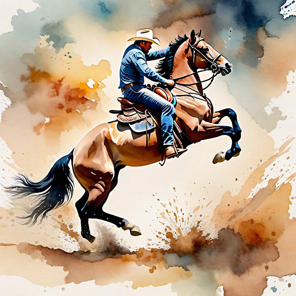  Create a watercolor painting of a man ridding a bucking horse at a rodeo. The background features soft, watercolor style splashes in earthy tones, giving the image an artistic and dreamy feel. Ensure the overall image has a delicate watercolor effect.