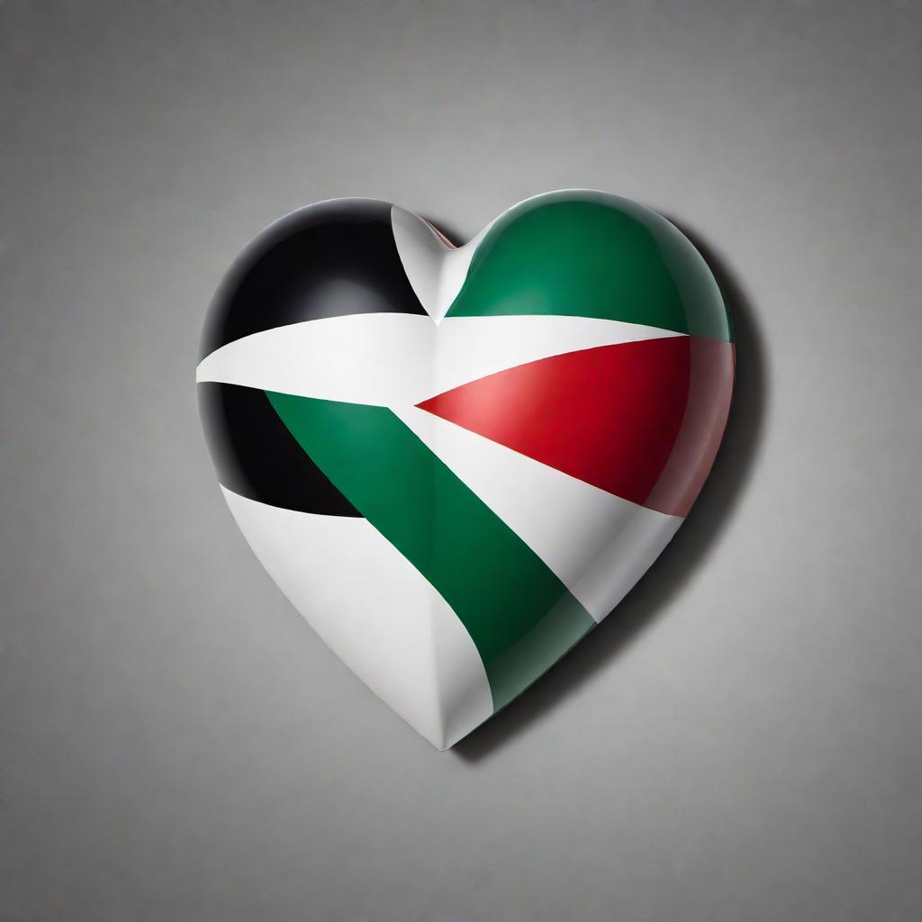  An image of a heart shape with the design of the Palestine flag incorporated. The heart should be divided into the black, white, green, and red colors of the flag in a manner that clearly showcases the flag’s design. The heart shape should look vibrant and evoke feelings of love, unity, and support for Palestine. hyperrealistic, full body, detailed clothing, highly detailed, cinematic lighting, stunningly beautiful, intricate, sharp focus, f/1. 8, 85mm, (centered image composition), (professionally color graded), ((bright soft diffused light)), volumetric fog, trending on instagram, trending on tumblr, HDR 4K, 8K