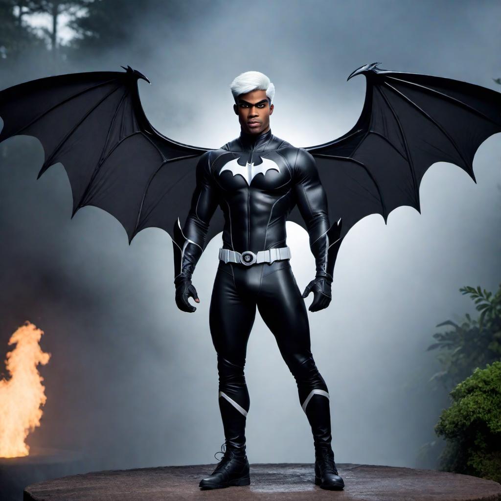  Create an image of a black version of Danny Phantom with bat wings. hyperrealistic, full body, detailed clothing, highly detailed, cinematic lighting, stunningly beautiful, intricate, sharp focus, f/1. 8, 85mm, (centered image composition), (professionally color graded), ((bright soft diffused light)), volumetric fog, trending on instagram, trending on tumblr, HDR 4K, 8K