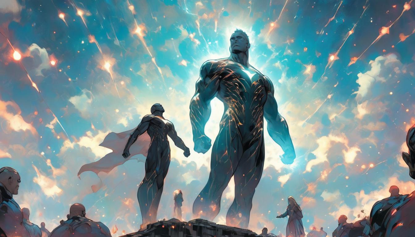  hyperrealism,fantasy aestheticA visionary figure reaching towards a constellation filled sky, figures in the background looking upwards, path leading towards the stars, guiding light, celestial aspiration, high tech clothing clad in sleek, futuristic costume with metallic accents and form fitting designs, marvel superhero comics style, unreal engine rendering