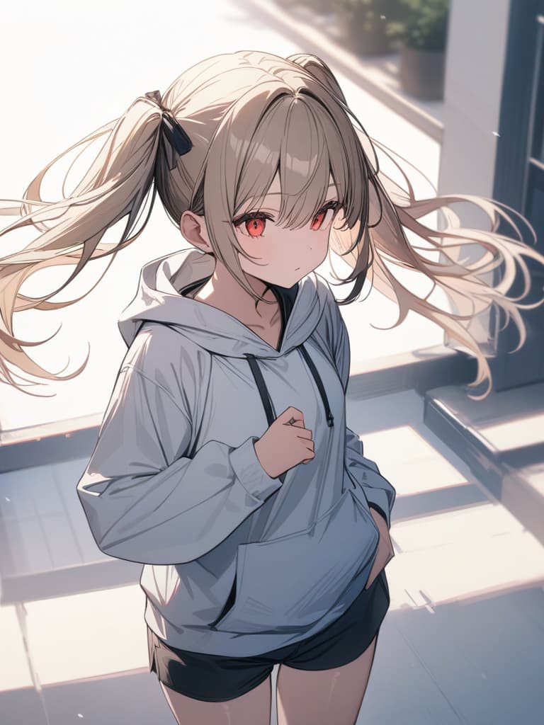  Hair colored beige, red eyes, large hoodie, shorts, twin tails, black ribbon on hair, girl, masterpiece, best quality,8k,ultra detailed,high resolution,an extremely delicate and beautiful,hyper detail