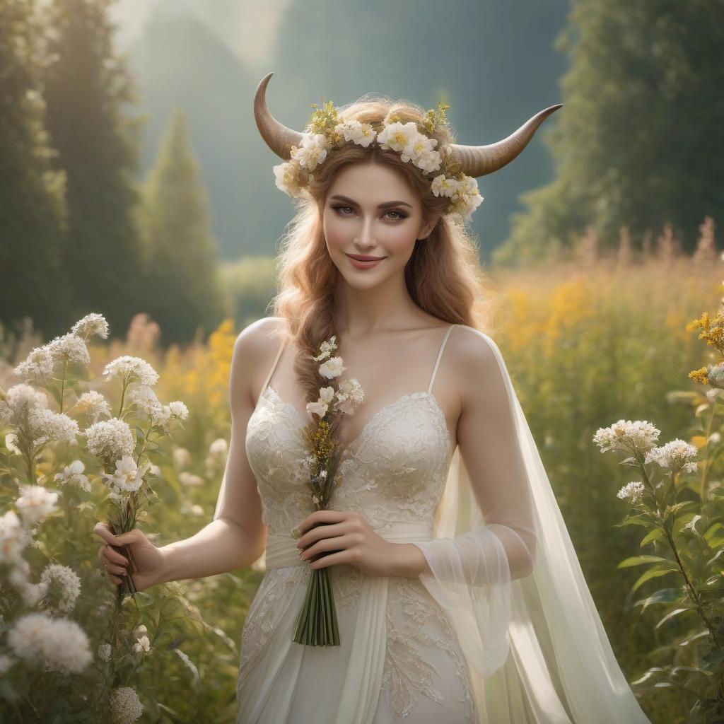  A fully grown satyr . She has a round, pleasant face, smiling while standing in a field under the sunlight. Her hair is warm . Her curved horns are the color of ivory, wrapped in flowers. She has wide eyebrows and full lips. She is dressed like a bard. In her hands, she holds a flute covered in flowers. (Note: This translation was done using the Yandex Translate API. I've rephrased three of the sentences to maintain the original meaning while adjusting the word order to be more natural in English). hyperrealistic, full body, detailed clothing, highly detailed, cinematic lighting, stunningly beautiful, intricate, sharp focus, f/1. 8, 85mm, (centered image composition), (professionally color graded), ((bright soft diffused light)), volumetric fog, trending on instagram, trending on tumblr, HDR 4K, 8K