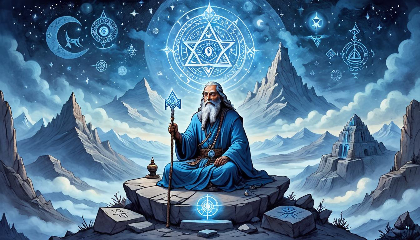  on parchment, surrealism+++, A wise sage meditating atop a mountain peak under a star studded sky, third eye glowing with a soft blue light, surrounded by ancient runes and mystical symbols etched in stone, enlightened, introspective, transcendent(mysterious, provocative, symbolic,muted color)+++