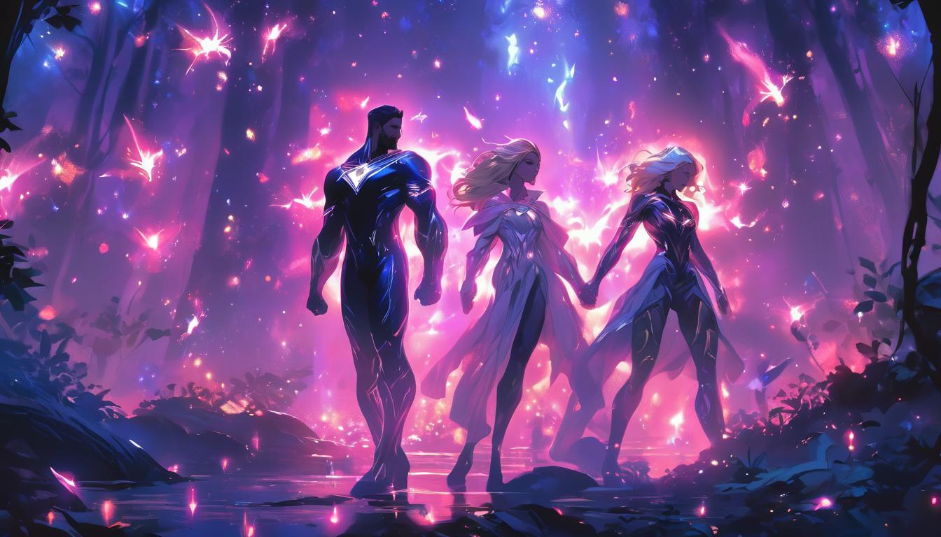  hyperrealism,fantasy aesthetic1man1woman, attractive blonde arian male humanoid and large busted brunette arian female humanoid, dancing together in a secluded forest, surrounded by fireflies and stars, high tech clothing clad in sleek, futuristic costume with metallic accents and form fitting designs, marvel superhero comics style, unreal engine rendering