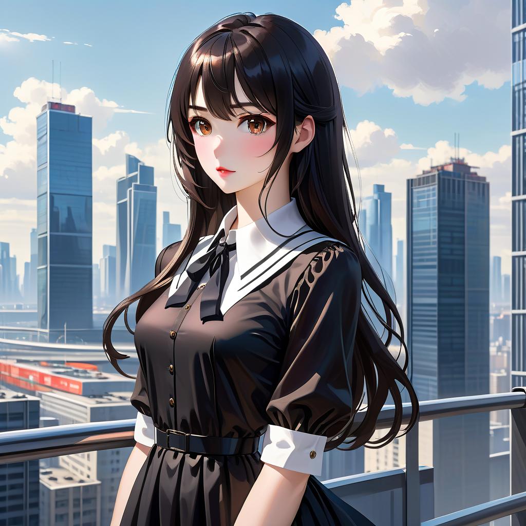  anime artwork beautiful , , white skinned, European, brown eyes, long brown straight hair, side bangs, mole under the lower lip, slender figure, small neat s, dressed in a black dress with a white collar and white cuffs, full length, against the backdrop of a modern city. Skyscrs of Moscow City (photorealism, oil painting: 1.3), (full length shot: 1.3), charming , long flowing black hair, (large sensual mouth: 1.2), plump lips, sparkling brown eyes , narrow waist, (sensual drawing: 1.2), silvery glow, ethereal aura, detailed brushwork, intricate shadows and highlights, mysterious and captivating expression, unique color palette, masterful use of light and shadow, captivating atmosphere, pure emotion, int hyperrealistic, full body, detailed clothing, highly detailed, cinematic lighting, stunningly beautiful, intricate, sharp focus, f/1. 8, 85mm, (centered image composition), (professionally color graded), ((bright soft diffused light)), volumetric fog, trending on instagram, trending on tumblr, HDR 4K, 8K