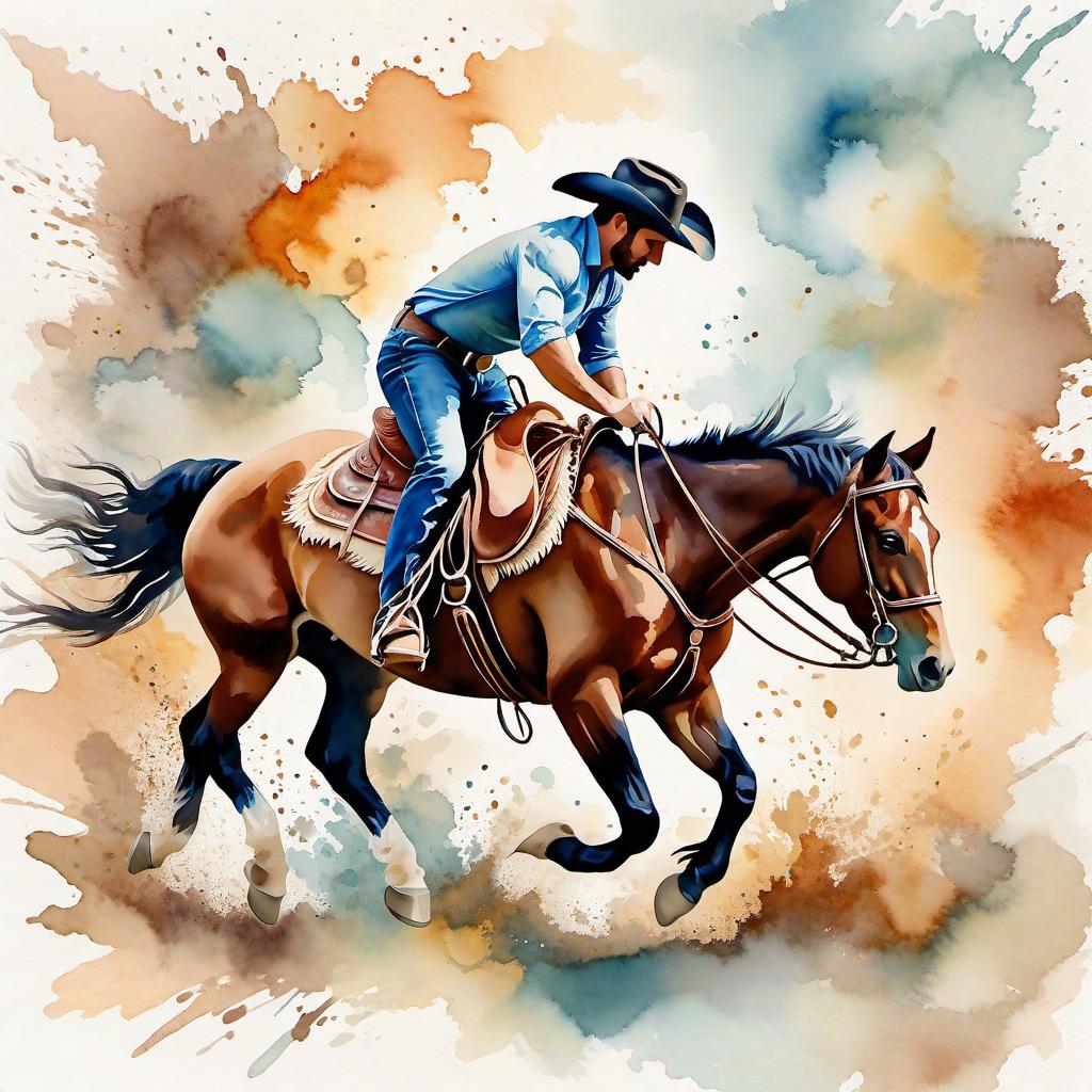  Create a watercolor painting of a man ridding a bucking horse at a rodeo. The background features soft, watercolor style splashes in earthy tones, giving the image an artistic and dreamy feel. Ensure the overall image has a delicate watercolor effect.