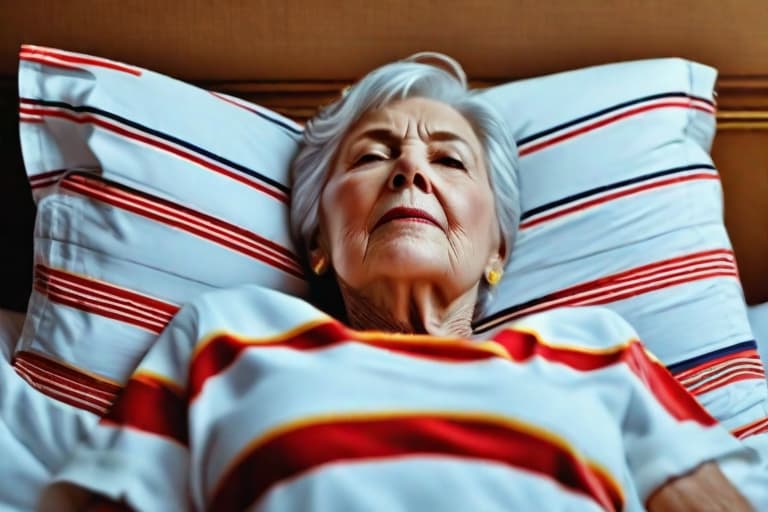  "Create a realistic, detailed close up image of a senior woman in her 60s, lying in bed at night, visibly sweating and looking uncomfortable. The background should be a dimly lit bedroom with soft, warm lighting from a bedside lamp, casting gentle shadows. The woman should be wearing light, breathable nightwear, and the bed should have slightly rumpled sheets to indicate restlessness. The focus should be on her face and upper body, capturing the discomfort and sweat. Use high quality, photorealistic style modifiers to enhance the realism and mood, ensuring the background remains subtle and non distracting."Ensure no face,leg,hand or eye defomities.Ensure all images are clear, detailed, contains no text and no deformities. realistic, highly  hyperrealistic, full body, detailed clothing, highly detailed, cinematic lighting, stunningly beautiful, intricate, sharp focus, f/1. 8, 85mm, (centered image composition), (professionally color graded), ((bright soft diffused light)), volumetric fog, trending on instagram, trending on tumblr, HDR 4K, 8K